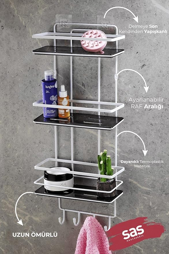 Ömür Boyu Paslanmaz Ayarlanabilir Raf Banyo Düzenleyici Şampuanlık Siyah - Beyaz LŞ-03 - Görsel 3
