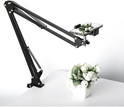 Üst Çekim Masaüstü Telefon Tripodu | Ayarlanabilir Süspansiyon Kol, Metal Kaymaz Taban, Evrensel Telefon Tutucu, Siyah