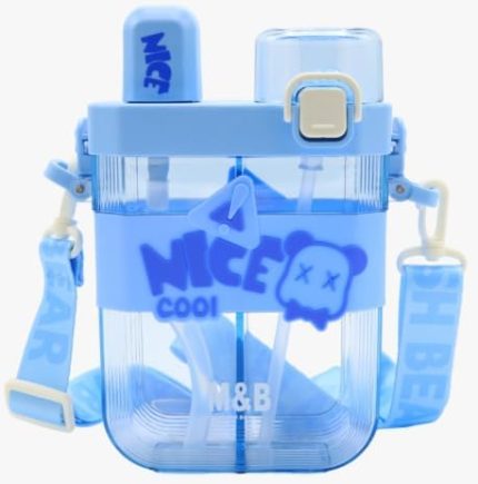 Çift Bölmeli Suluk - Damlatmaz, Ergonomik Pipetli, Taşıma Kayışlı, Kırılmaz, Kolay Açılır Kapağıyla Okul, Ev, Araç ve Seyahat İçin Uygun, Pratik ve Güvenli Su Matarası (Mavi)