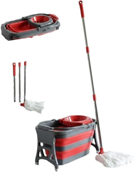 Litre Katlanabilir Mop ve Kovası - Temizlik Kovası - Paspas ve Kova - Ev Tipi Moplar ve Kova Setleri - Kırmızı (Kırmızı)