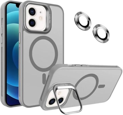 12 için Kılıf Kamera Korumalı Magsafe Wireless Şarj Özellikli Lens Hediyeli Mat Şeffaf Renkli Standlı Kılıf (GRİ)