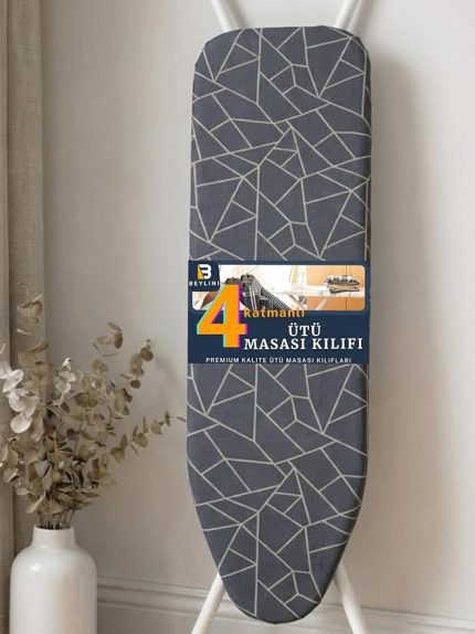 Ütü Masası Kılıfı Ütü Bezi ve Örtüsü Kalın Keçe Dolgulu İpli Yanmaya Dayanıklı Makinede Yıkanabilir Kolay Uyum Ağır Yansıtıcı Görev Ayarlanabilir 3 Katman 50 x 150 cm (Geometrik Gri)