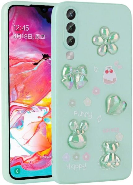 Galaxy A70 Kılıf Silikon Kabartma Figürlü Parlak Kamera Korumalı Kapak Açık Yeşil