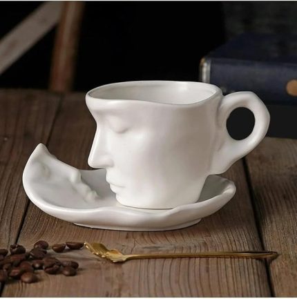 Yüz Şekilli Fincan Takımı - Mat Beyaz Seramik Kupa ve Dudak Figürlü Tabak - Estetik Kahve Fincanı Seti (Beyaz, 110, Mililitre)