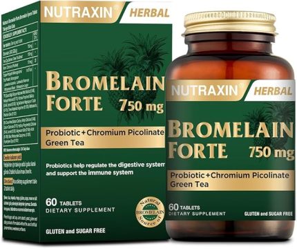 Bromelain Forte – 750 mg Bromelain, Yeşil Çay Ekstresi, Krom ve Probiyotik İçeren Tablet – 60 Tablet – Alerjen İçermez