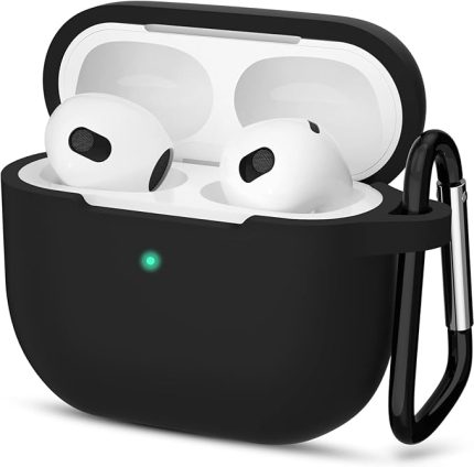 AirPods 3. Nesil ile Uyumlu İnce ve Hafif Silikon Kılıf, Yumuşak Esnek Tasarım, Anahtarlıklı, Kablolu ve Kablosuz Şarj Uyumlu – Siyah (A2564 A2565 A2566)