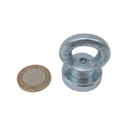 Deniz Mıknatısı - Fishing Magnet - Neodyum Daimi Çelik Mıknatıs - Halkalı Pot Mıknatıs - Nikel Kaplı - Paslanmaz - Kararma Yapmaz - Tuzlu Suya Dayanıklı (Ø32 mm (25 kg))