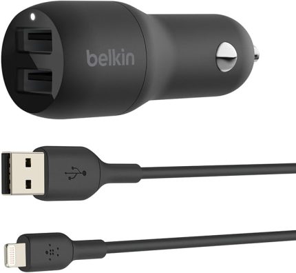 Çift USB Araç Şarj Cihazı 24 W, USB-Lightning Kablosu dahil, Boost Charge Çift Bağlantı Noktalı Araç Şarjı, 2 Bağlantı Noktalı USB Araç Şarjı