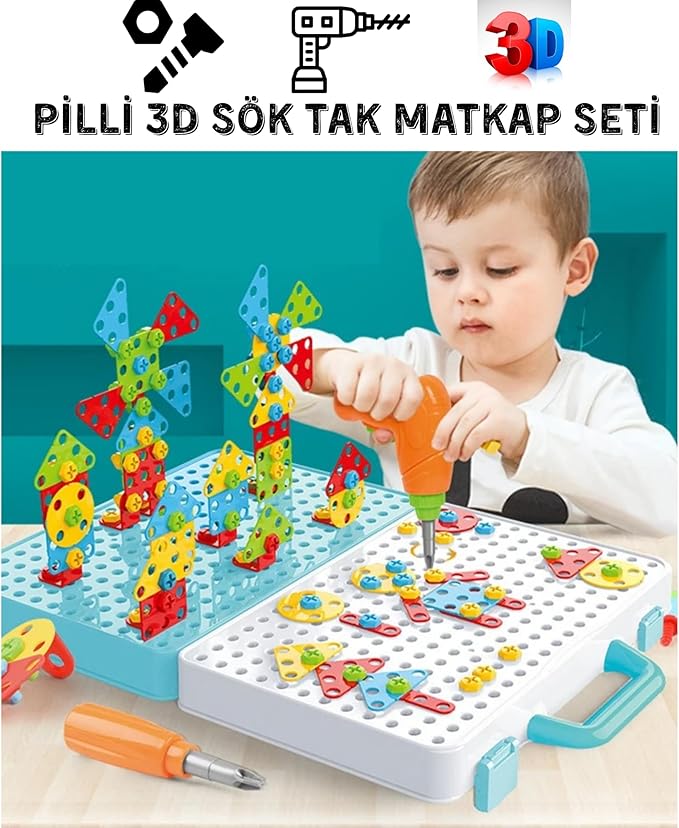 / Oyuncak 3D Yaratıcı 340 Parça Tamir Seti Pilli Matkaplı Sök Tak Çantalı Eğitici Tamir Setim - Görsel 2
