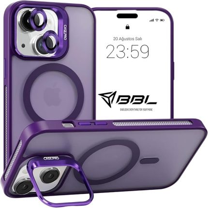 iPhone için Kılıf Kamera Korumalı Magsafe Wireless Şarj Özellikli Mat Şeffaf Renkli Standlı Kılıf (Lens Hediyeli) (Mor, iPhone 13)