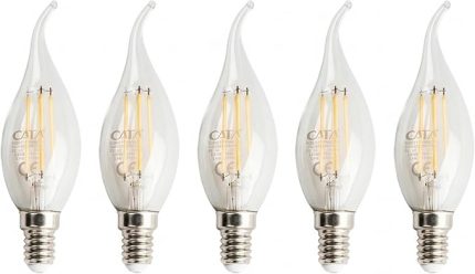 5 Adet Kıvrık Buji Ampul 4W Şeffaf Filament Rustik LED Ampul – E14 Duy, 3200K Günışığı Işık - Cata - Avize Ampulü