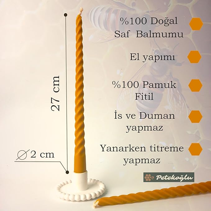 (2 Adet 27.5Cm) Balmumu Mum Konik Burgulu Balmumu Şamdan Mumu Doğal Petek Balmumu Mum Dekoratif Akmaz Kırılmaz Mum Bal Mumu Beeswax Candle (Sarı) - Görsel 2