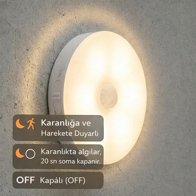 LED Hareket Sensörlü Ledli Gece Lambası Şarj Edilebilir, Taşınabilir 4000k Günışığı (1 Adet) - Görsel 3