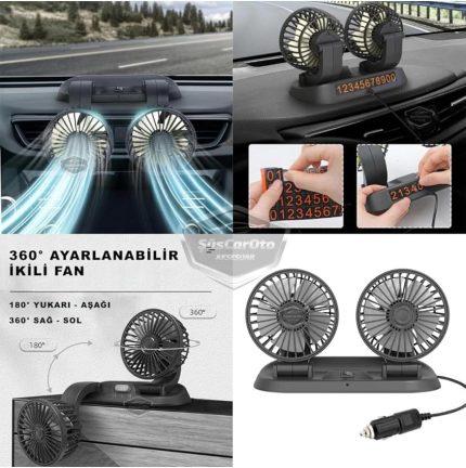 Ofis Araç İçi Torpido Üstü Vantilatör Çift Başlıklı Çakmaklıklı Soğutucu Fan 360° Dönebilen 12V,SUS0620