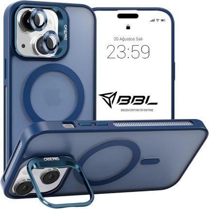 iPhone için Kılıf Kamera Korumalı Magsafe Wireless Şarj Özellikli Mat Şeffaf Renkli Standlı Kılıf (Lens Hediyeli) (Lacivert, iPhone 13)