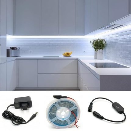 Metre Beyaz Şerit Led Dokunmatik Anahtar Tak Çalıştır Hazır Set Adaptör Dahil, Açma-Kapama, Parlaklık Ayarı Yapılabilir, Mutfak, Tezgah, Dolap içi, Ayna, Tv Ünitesi Aydınlatma