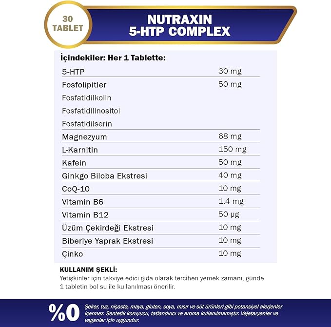 5-HTP Complex 30 Tablet – L-Karnitin, Ginkgo Biloba, CoQ-10, Vitamin B6 & B12, Çinko ve Bitkisel Ekstreli Destek Takviyesi - Görsel 2