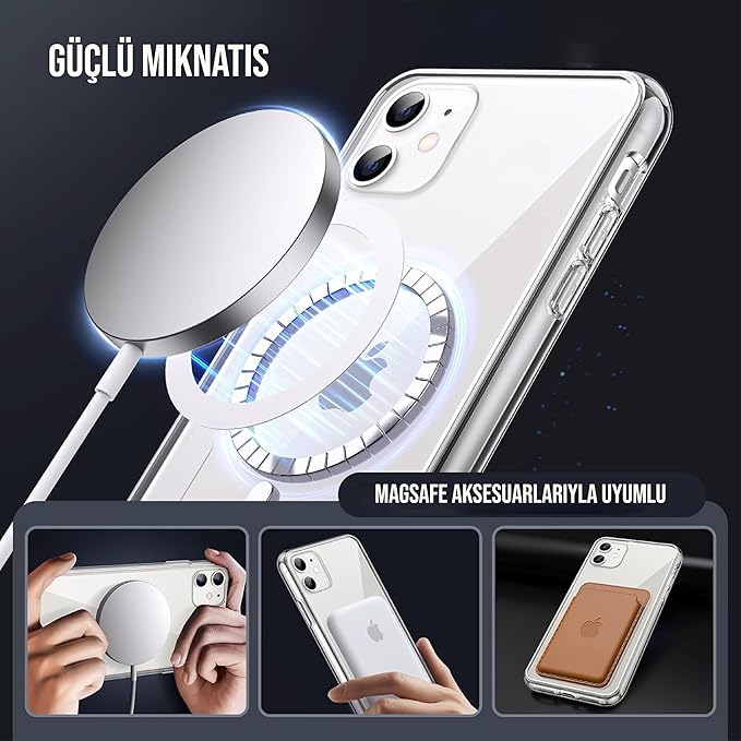 iPhone Magsafe Uyumlu Şeffaf Sert Kristal Mika Sararmaz Kılıf (iPhone 11) - Görsel 5