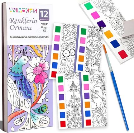 Renk Paletli Sulu Boya Kitabı + Fırça, 12 Sayfa Boyama Kitabı, Aktivite Boyama Seti, Çocuklar için Yeni Nesil Sulu Boya Defteri (Renklerin Ormanı)