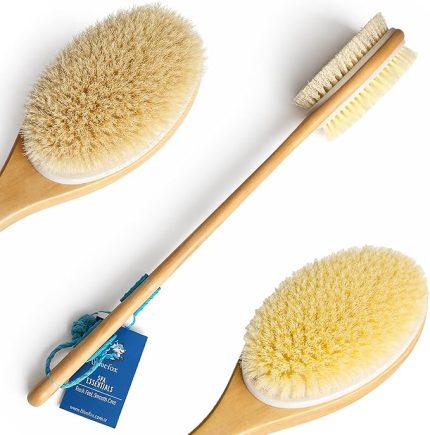 Sırt ve Vücut Temizleme Fırçası - 2 Taraflı Sert & Yumuşak Lifli, Bambu Uzun Saplı (43cm), Ölü Deri ve Gözenek Temizleyici, Pürüzsüz ve Canlı Cilt İçin İdeal