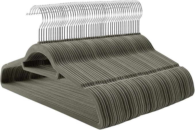 kadife elbise askısı, 100 adet, kaymaz yüzeyli askı seti, yerden tasarruf sağlayan elbise askısı, 360° dönebilen metal kancalı, gri CRF100V