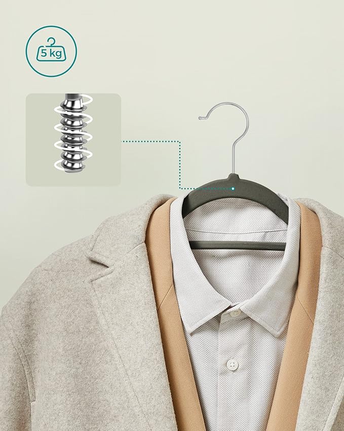 kadife elbise askısı, 100 adet, kaymaz yüzeyli askı seti, yerden tasarruf sağlayan elbise askısı, 360° dönebilen metal kancalı, gri CRF100V - Görsel 4