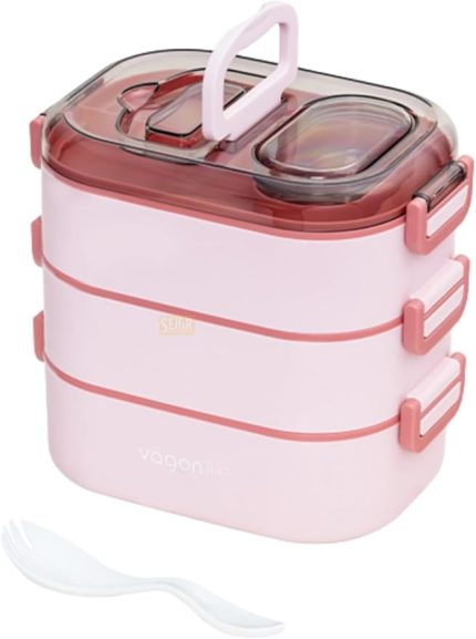 Bento 1450ml Lunchbox Üç Katlı 5 Bölmeli ve Mini Sosluklu Çelik Sefer Tası Yemek Kutusu (Pembe)