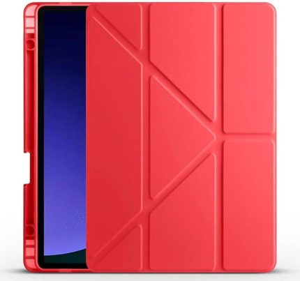 Galaxy Tab S10 FE ile Uyumlu Kılıf Kalem Bölmeli Tri Folding Katlanabilir Standlı PU Deri Yumuşak Silikon, Tablet Kapak [Akıllı Kapak, Uyku Modlu] - Kırmızı