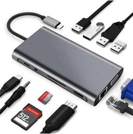 FC-31 Macbook Uyumlu Type-C™ USB-C to 4* USB 3.0 4K 1080p HD HDMI VGA RJ45 Pd Aux Ses Sd Tf Kart 11IN1 Çevirici Hub Adaptör