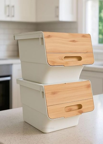 Bambu Patates Soğan Sepeti Tekerlekli Kapaklı Havalandırmalı 24 Litre Sebzelik Organizer