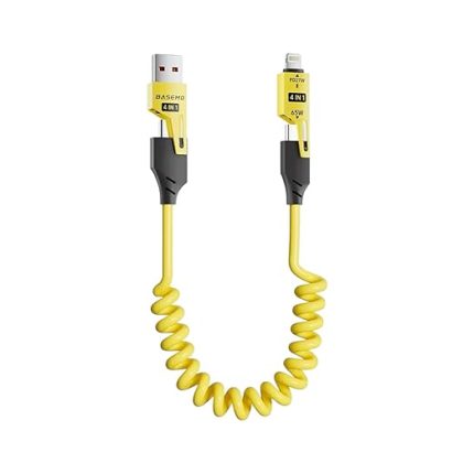 Spiral Şarj Kablosu 65W Hızlı Şarj - USB-A Type-C Lightning Çoklu Kablo - Esnek Yay Tasarım - Premium Kalite Çok Fonksiyonlu Data Kablosu (Sarı)