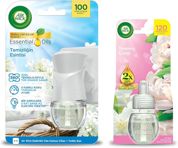 Wick Elektrikli Oda Kokusu Temizliğin Esintisi Kit (Cihaz + Yedek Şişe) + Yasemin Çiçeği Yedek Şişe