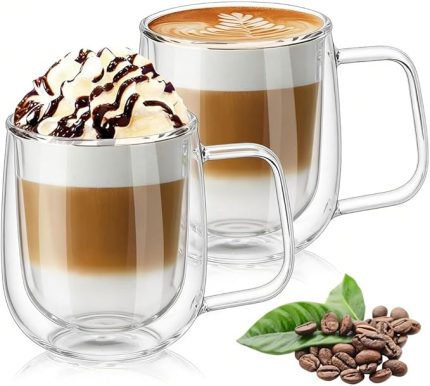 Çift Duvar Cam Kupa, Isı Yalıtımlı Bardak Bardak, Saplı 250 ml, Çay Su Bardakları, Kahve, Süt, Cappuccino, Espresso, Şeffaf Bira, 2'li Set