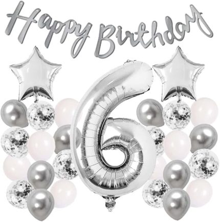 Konsept Dogum Gunu Kutlama Seti Beyaz Gumus Konfetili Balon Rakam Yıldız Folyo ve Banner (6 Yaş)