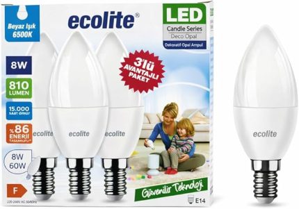 8 W LED Mum Ampul – E14 Duy, 3'lü paket, 810 Lümen, 6500K Beyaz Işık, 60W Eşdeğer, Opal Dekoratif Ampul, Dimmerlenemez,%86 Enerji Tasarrufu, 99x37 mm