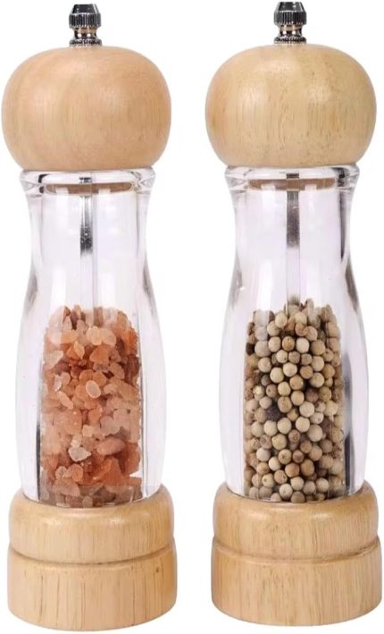 Home 2 Adet Ahşap Kapaklı Bambu ve Akasya Ağacı Şeffaf Akrilik Tuz ve Karabiber Baharat Öğütücü – Doğal Ahşap Tasarımıyla Şık ve Dayanıklı, Ayarlanabilir Seramik Değirmen (Bambu, 16 Cm)
