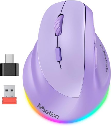 Solak fare, ergonomik fare, kablosuz dikey fare, RGB şarj edilebilir fare, Bluetooth (5.2 + 3.0) ve USB-A için Type-c adaptörlü 4 ayarlanabilir DPI, Mac/Windows/PC/Tablet/iPad için mor