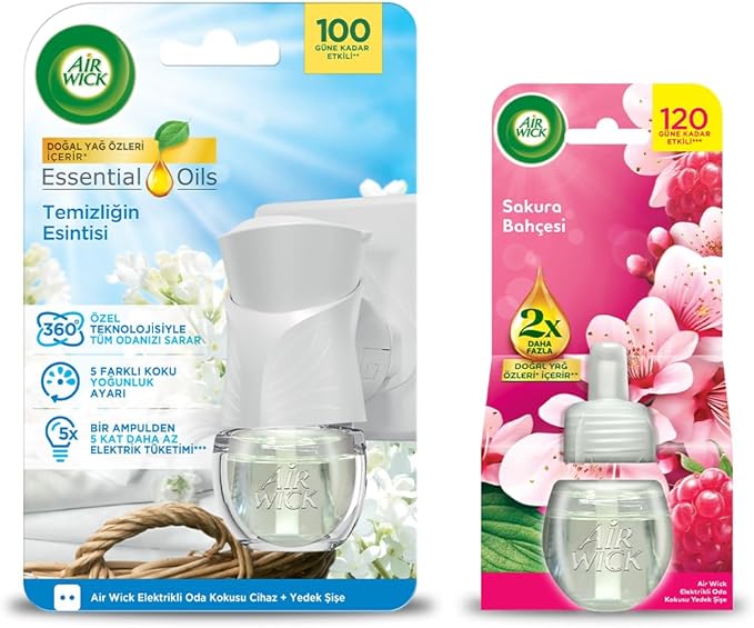 Wick Elektrikli Oda Kokusu Temizliğin Esintisi Kit (Cihaz + Yedek Şişe) + Sakura Bahçesi Yedek Şişe