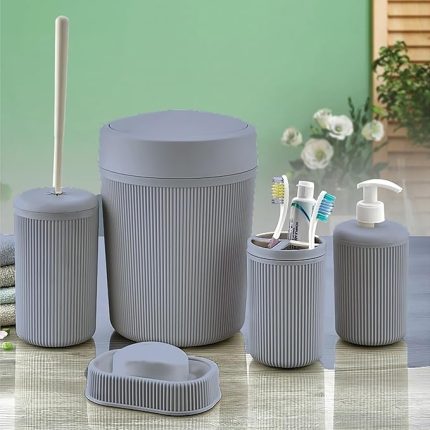 Banyo Seti, Çöp Kovası, Sıvı Sabunluk, Diş Fırçalık, Sabunluk ve Tuvalet Fırçası, 5 Parça (Antrasit Gri)