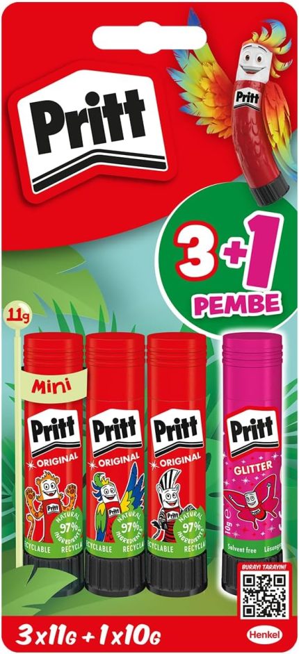 Stick Yapıştırıcı, 3+1 Pembe, Güvenli ve Çocuk Dostu El işi Yapıştırıcısı, Hızlı ve Pratik Yapıştıran Okul ve Ofis Malzemesi, 3x11g+1x10g Pritt Stick Yapıştırıcı