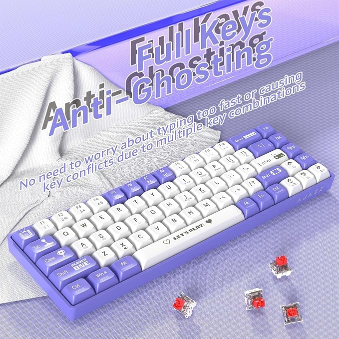 AJAZZ AK680 65% Kablolu Hotswap Mekanik Oyun Klavyesi,68 Tuşlu Taşınabilir Anti-Ghosting Klavye,Gökkuşağı Arkadan Aydınlatmalı Programlanabilir,EVA Sandviç,Ergonomik Mor Beyaz/Red Switch - Görsel 3