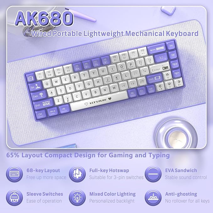 AJAZZ AK680 65% Kablolu Hotswap Mekanik Oyun Klavyesi,68 Tuşlu Taşınabilir Anti-Ghosting Klavye,Gökkuşağı Arkadan Aydınlatmalı Programlanabilir,EVA Sandviç,Ergonomik Mor Beyaz/Red Switch - Görsel 4