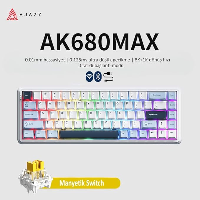 Ajazz AK680 Max%68 Manyetik Switch Oyuncu Klavyesi, Coiled Kablo, 3000mAh, 8000Hz Kablolu-1000Hz Kablosuz Polling Rate, RGB Arkadan Aydınlatmalı Mekanik Klavye (Beyaz Lacivert) - Görsel 3