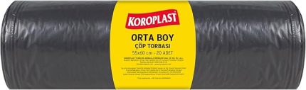 Endüstriyel Orta Siyah Çöp Torbası 20'li 55x60 cm, Yırtılmaz & Sızdırmaz, Çift Katlı, Geri Dönüştürülebilir, Restoran,Mutfak, Fabrika, Atölye, Ofis, Otel, Hastane, Depo, Bahçe