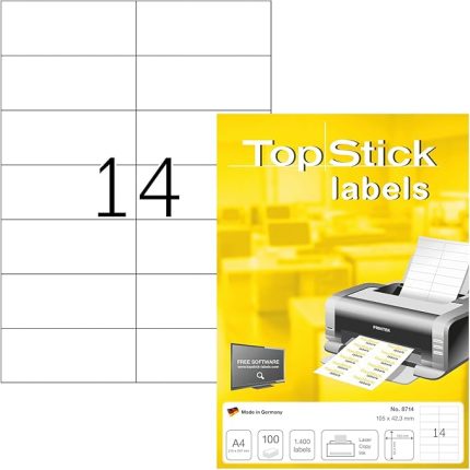 8714 Evrensel Etiketler, 100 Yaprak, 105 x 42,3 mm, 14 A4 Yaprak Başına, 1400 Adet, Kendinden Yapışkanlı, Yazdırılabilir, Mat, Çıkartma, Beyaz