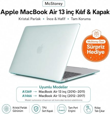 MacBook Air 13 İnç Kılıf A1369 A1466 Uyumlu Şeffaf Kristal Hard Case Sert Koruyucu Kapak İnce Hafif Çizilme Korumalı 2010-2017 Açık Yeşil