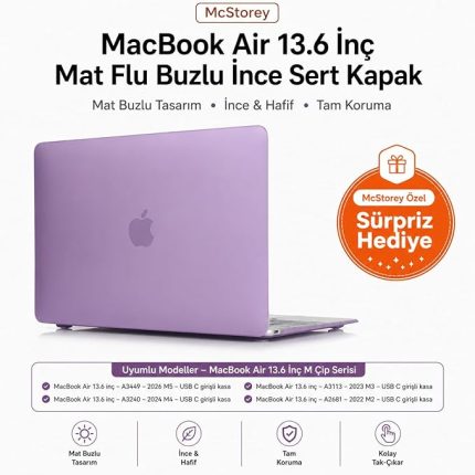 MacBook Air 13.6 İnç Kılıf A2681 A3113 A3240 A3449 M2 M3 M4 M5 Uyumlu Mat Buzlu Şeffaf Sert Kapak İnce Hard Case Açık Lila