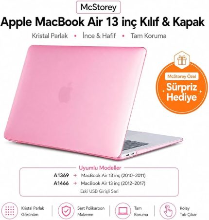 MacBook Air 13 İnç Kılıf A1369 A1466 Uyumlu Şeffaf Kristal Hard Case Sert Koruyucu Kapak İnce Hafif Çizilme Korumalı 2010-2017 Pembe