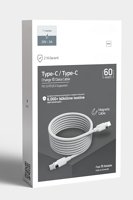 Örgülü Mıknatıslı 60W Type-C to Type-C 1mt Data ve Şarj Kablosu SPK-13 (60w Mıknatıslı, Type-C to Type-C) - Görsel 3