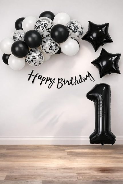 Konsept 1 Yaş Doğum Günü Kutlama Seti; Beyaz Siyah Konfetili Balon, Rakam Yıldız Folyo ve Banner